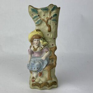 Vtg Porcelain Bisque Victorian Mini Vase woman in orchard Made in Japan